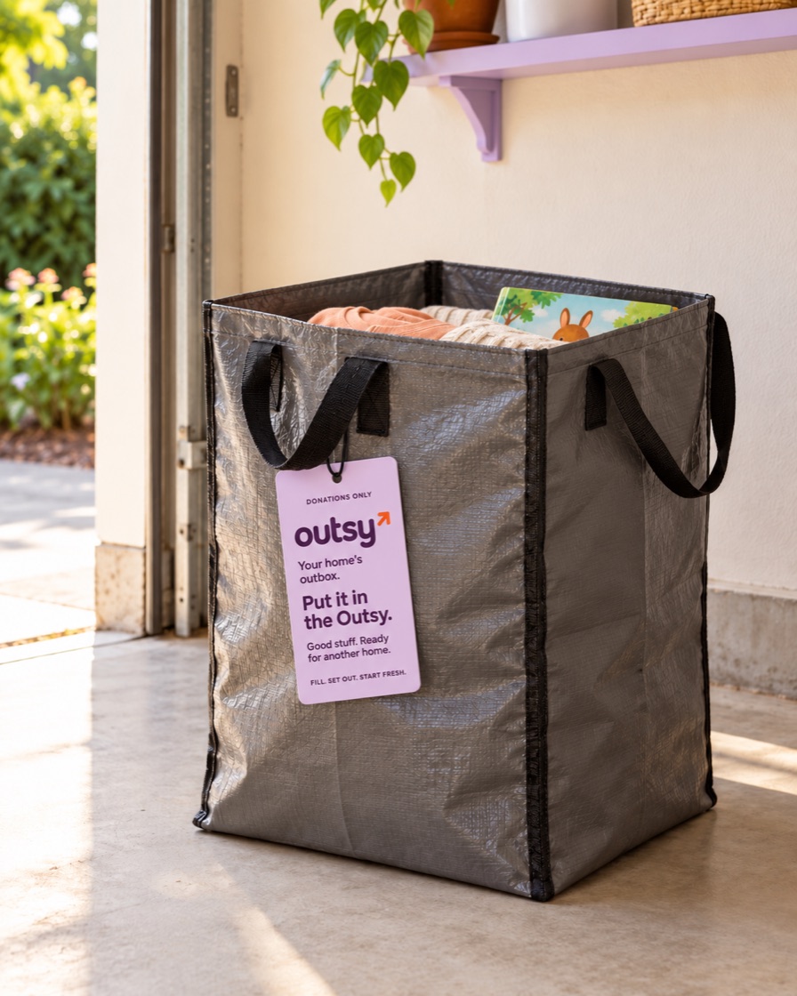 A gray donation bag with a removable Outsy tag, keeping usable clothes and books together in a garage.